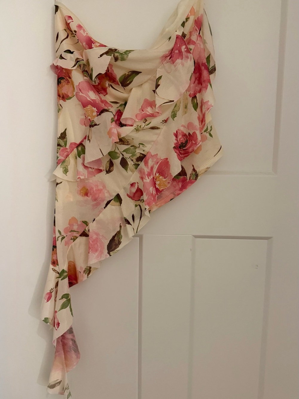 Floral Ruffle Strapless Asymmetric Blouse - Cream with Pink Rose Print